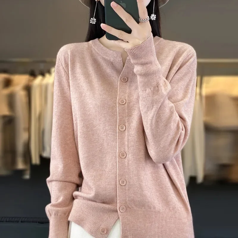 Fashion Spring Autumn Coat Female Knitwear Soft Thin Knit Sweater Round Neck Knitted Cardigan Single Row Buckle Top Jacket