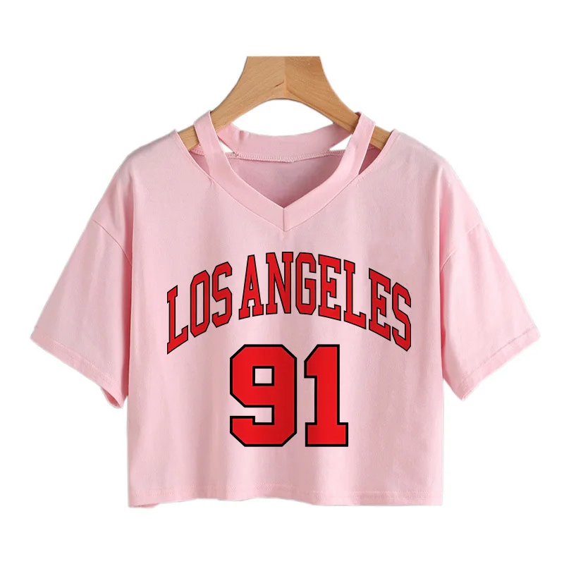Camiseta Deportiva Corta con Cuello Redondo y Estampado Gráfico de Los Angeles Número 91 Brooklyn, Top Corto Informal para Mujer