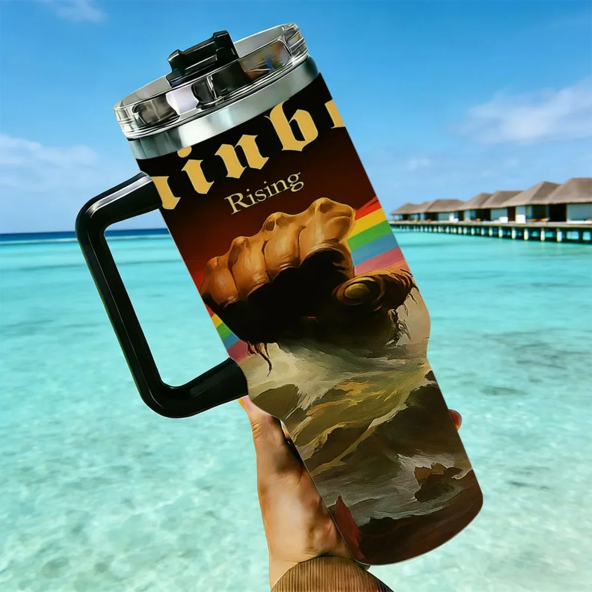 40oz Tumbler with Handle Retro Rainbow Rising Fist Mountain Landscape Graphic Print Insulated Cup, Other colors sold out, random black or white shipment for other color orders