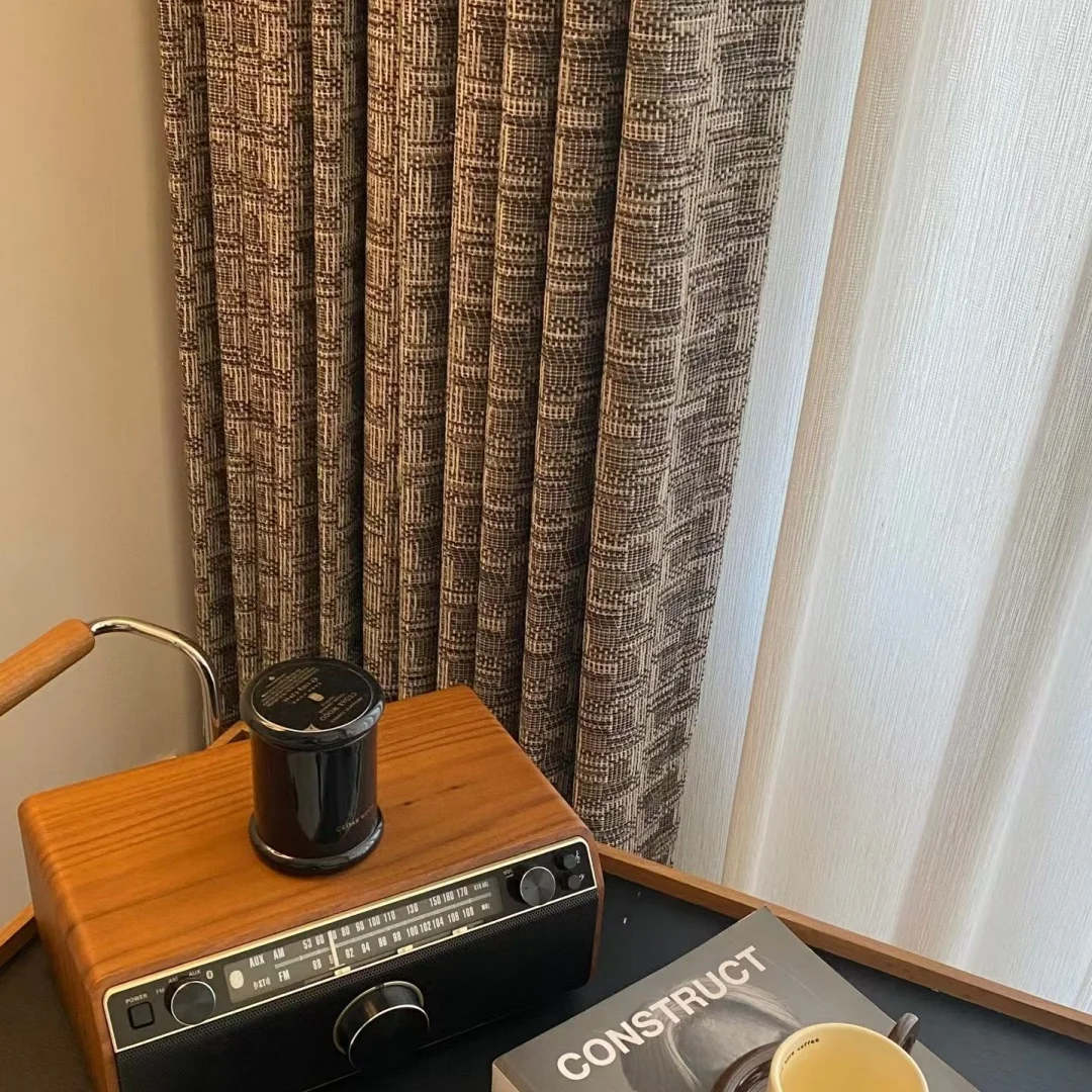Retro Lattice Jacquard Curtain Coffee Brown Linen Texture Blackout Curtains Mid-century Vintage Window Drapes For Living Room