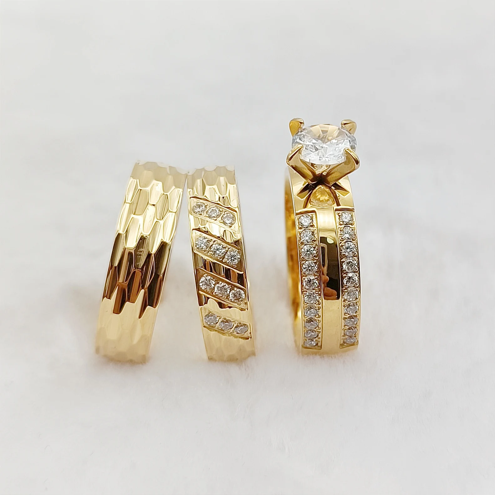 3pcs Anniversary Sale Matching Wedding Rings Bridal Engagement Sets For Couples Love Alliance 24k Gold Plated Jewelry Ring