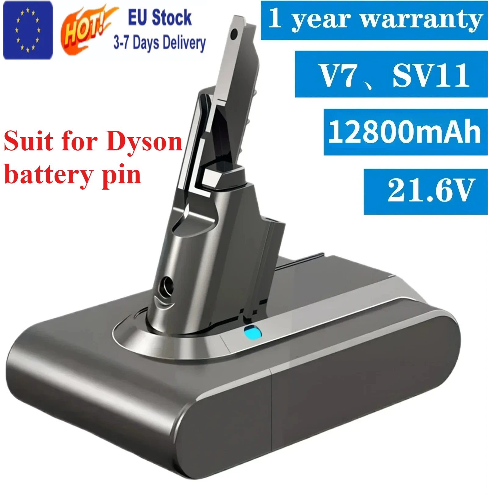 Batería de Repuesto de Litio V7 de 12800mAh y 21.6V para Dyson V7 Motorhead Pro, V7 Trigger, V7 Animal, V7 Car+Boat, V7 Fluffy, SV11