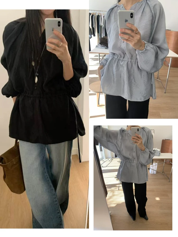 

Spring 2025 Women's Loose Lantern Sve irt Dstring Waist Simple Sle Dongdaemun Faion Top Quali Casual Wear