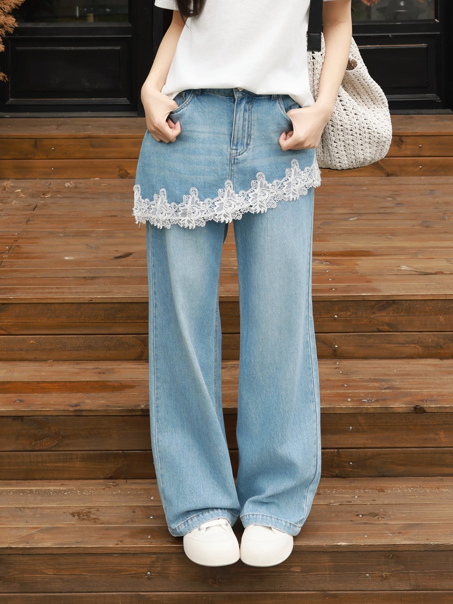 

Loose High Waist Straight Leg Jeans Blue Thin Cotton Women's Spring Summer Fashion Minimalist Style Machine Embroidery ME