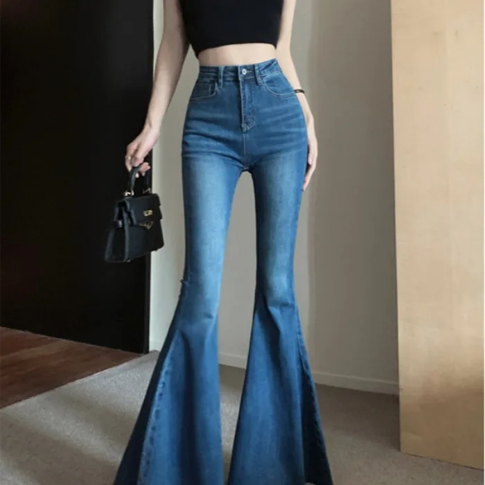 

Trendy Slim Fit Wide Leg Bell Bot Jeans High Waist Bootcut Frayed Hem Denim Pants Women's Autumn New Sle Casual Faion
