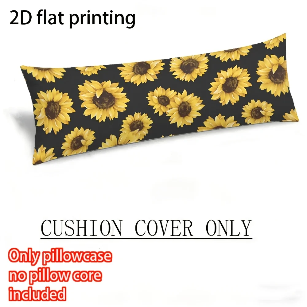 Long Pillowcase, 2D Printed Design, Sunflower Pattern Repeated on Black Background, Durable Fabric, Full-body Support Pillow Cov