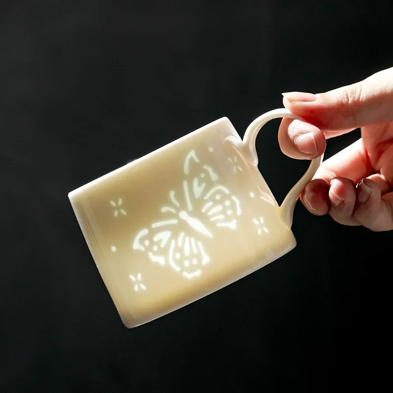 White Porcelain Linglong Coffee Mug Mutton Fat Jade Office Water Cup Tea Cup Gift Box Chinese Ceramic Home Kitchen Use