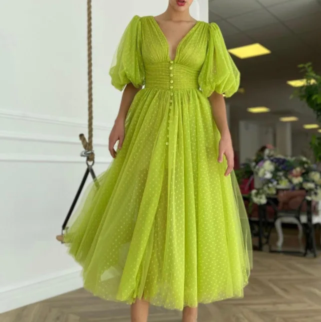 SKMY Mesh Wedding Dresses For Woman Spring And Summer V-Neck Lace Patchwork Puff Sleeves Evening Party Long Dresses Solid Color