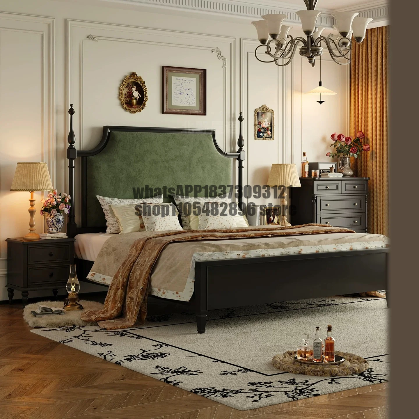 French retro column soft bag queen bed dark green suede high backrest black solid wood 1.5m retro bedroom bed