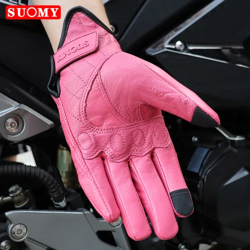 Imagen 2 del producto SUOMY-guantes de cuero Retro para motocicleta para mujer, manoplas de Motocross con pantalla táctil, color rosa, protector de carcasa dura, XS-L