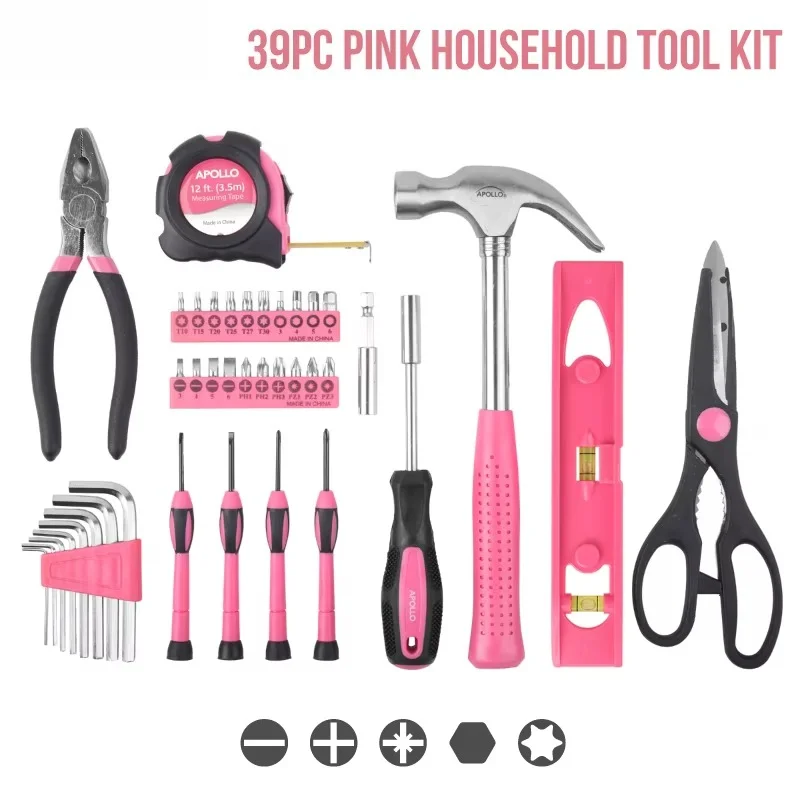 Kit de Herramientas para el Hogar Alta Calidad, 18/19/20/39 Piezas, Color Rosa, con Martillo, Llave Inglesa, Alicates, Herram