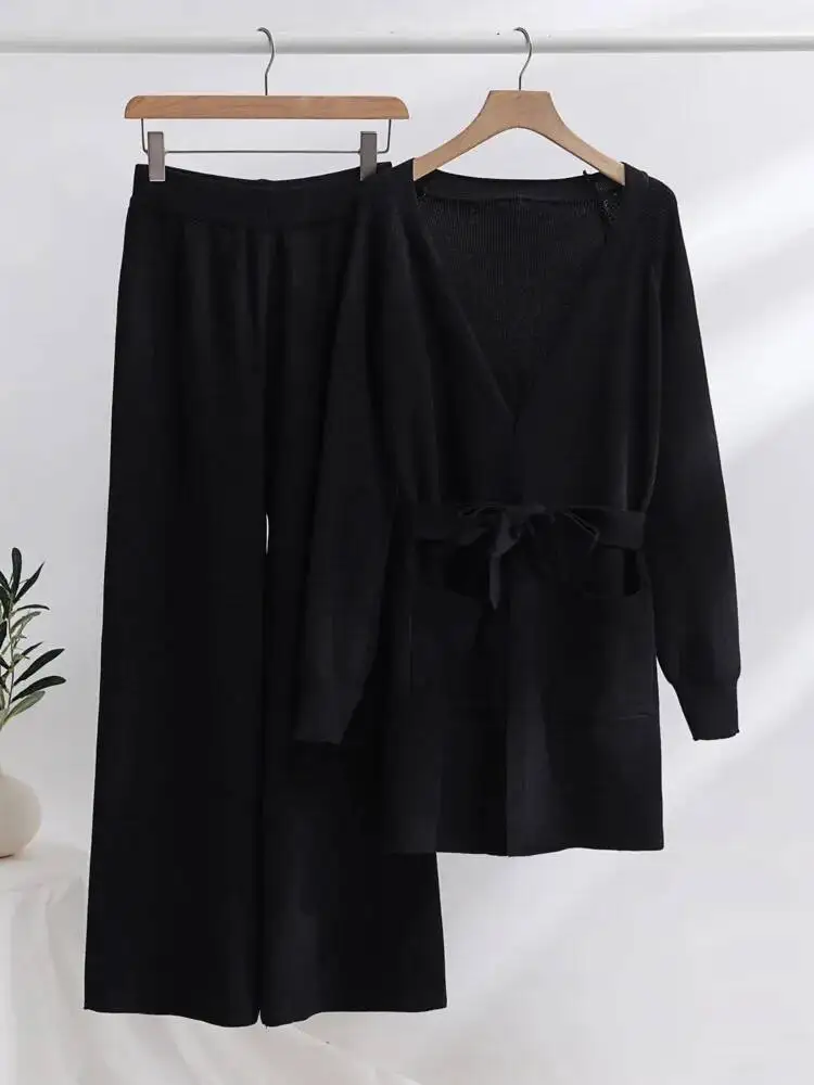 Winter Thicken Wide Leg Pants Knit Pocket Cardigan Coat Two-piece Set Women Autumn Fashion Loose Pants Suit Tracksuits Elegant
