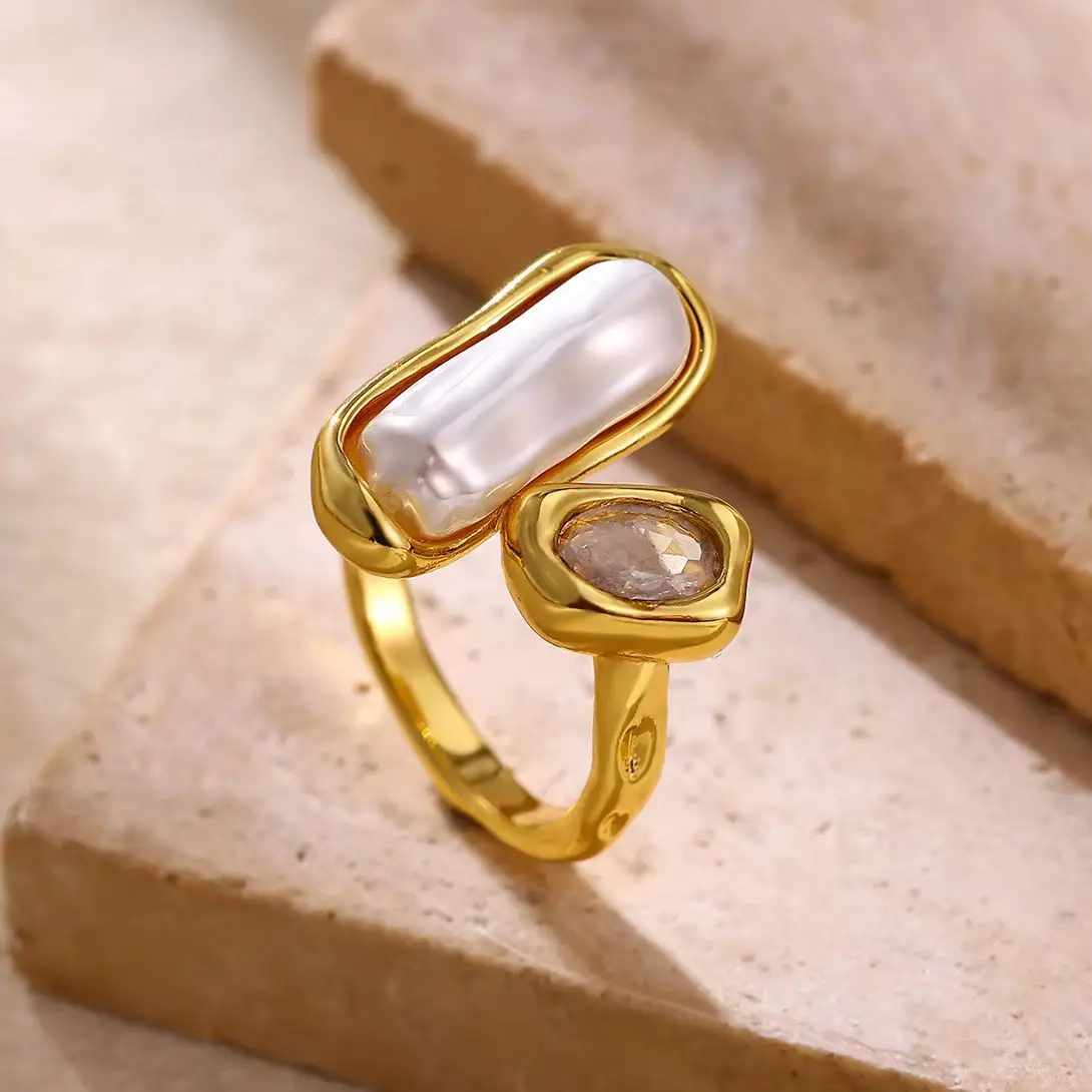 Unique Imitation Pearl Zirconia Finger Rings for Women Gold Color Geometry Adjustable Opening Finger Chic Wedding Jewelry Gift