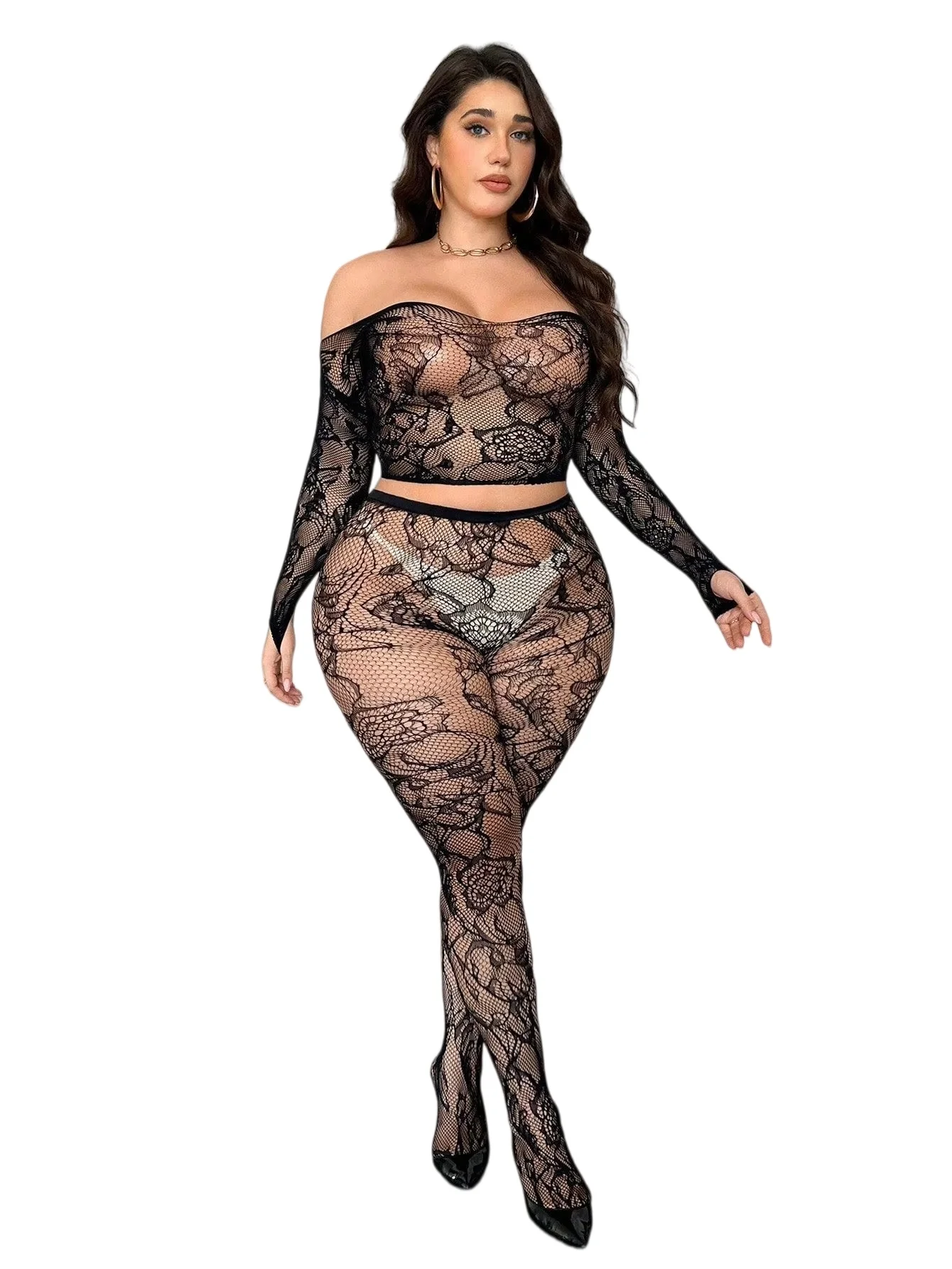 Conjunto de Dos Piezas Sexy Tallas Grandes con Top de Malla Hueca y Hombros Descubiertos, Cintura Recortada y Transparencias, para Curvas