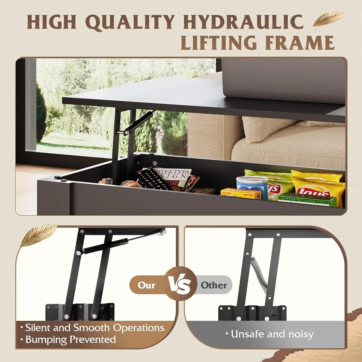 Coffee Table, 39" Lift Top Coffee Table with Hidden Compartment, Storage Shelf and Lifting Top for Home Living Room, Office