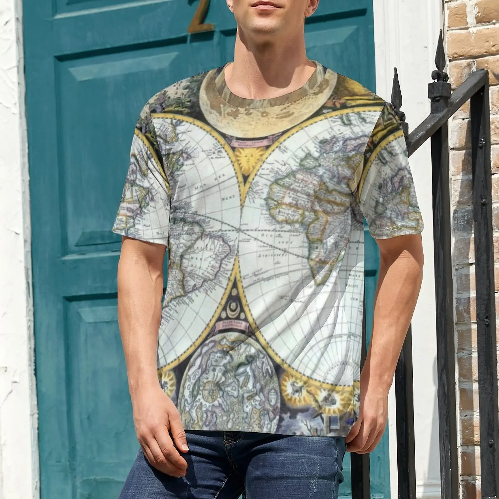 Earth Map T Shirt Antique World Map Fashion T Shirts Mens Funny Tee Shirt Summer Short Sleeves Custom Tees Plus Size 4XL 5XL
