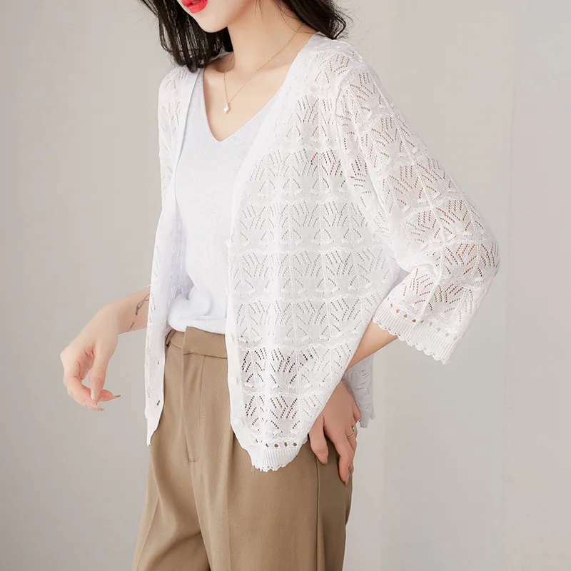 Spring Summer Women\'s Thin Hollow Knit Cardigan Korean Fashion Top Short Loose Air-conditioned Sunscreen Shirt Grace New