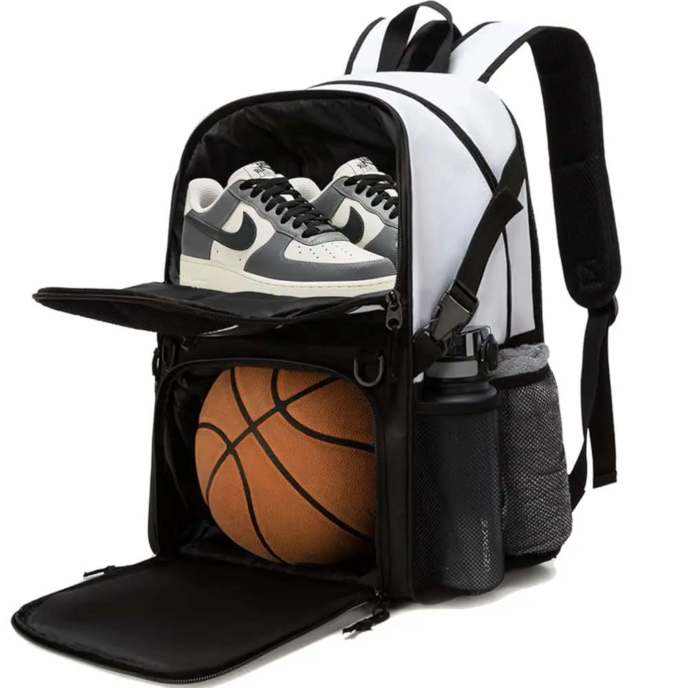 Basketball Bag Backpack with Ball Holder and Shoes Compartment,Best for Basketball, Soccer, Volleyball, Gym. (WHITE)