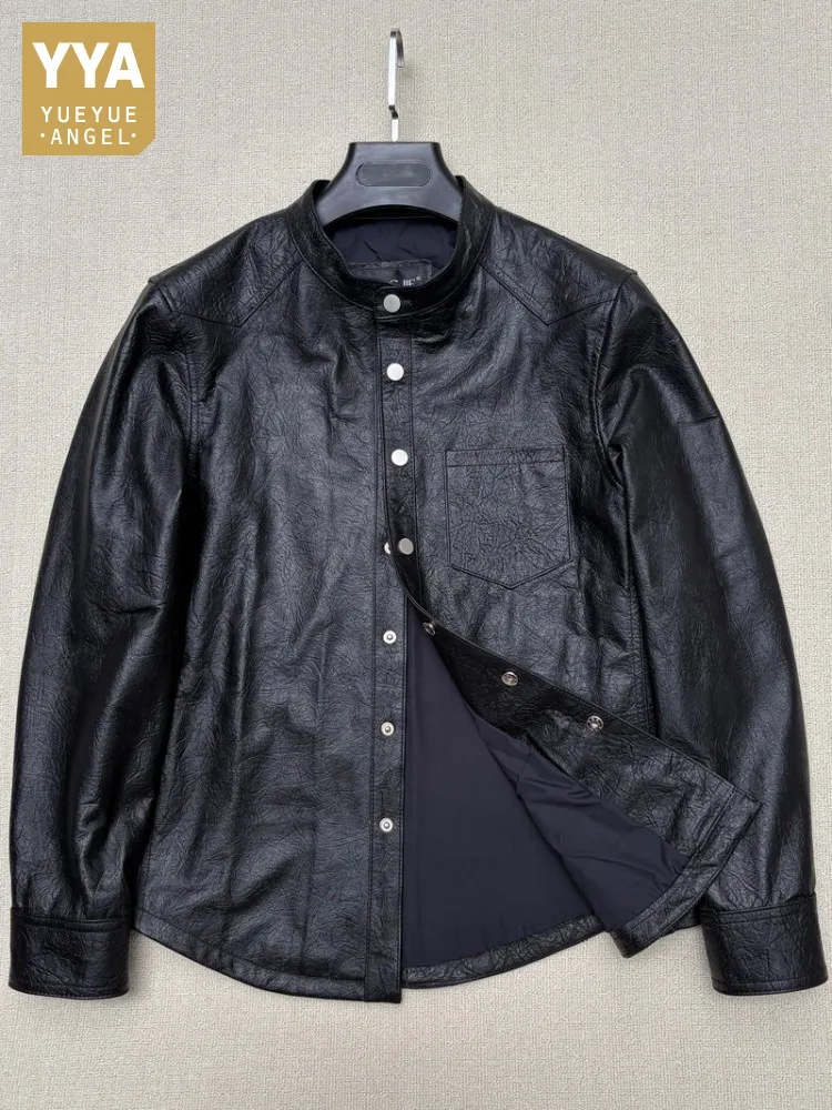 

Leisure Stand Collar Long Sleeves Male Genuine Leather Jacket Solid Color Cowhide Pockets Single Breasted Slim Outerwear