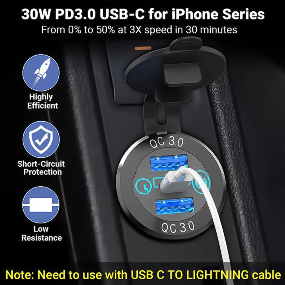 earu Car USB Charger Socket Metal 60W Car Charger 12V 24V USB Outlet PD USB-C & Two QC3.0 Ports Touch Switch For Boat Marine