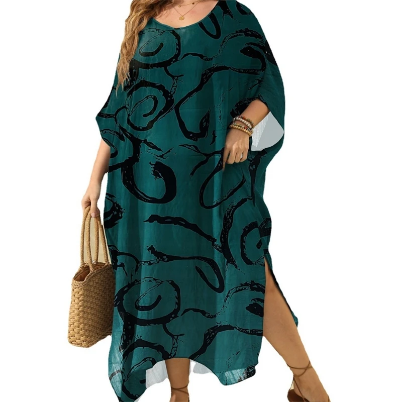 2025 Women Short Sleeve Plus Size Cove Up Print Large Big Tunic Lady Chubby Beach Dress Loose Brazilian Swimsuit Cover-Ups