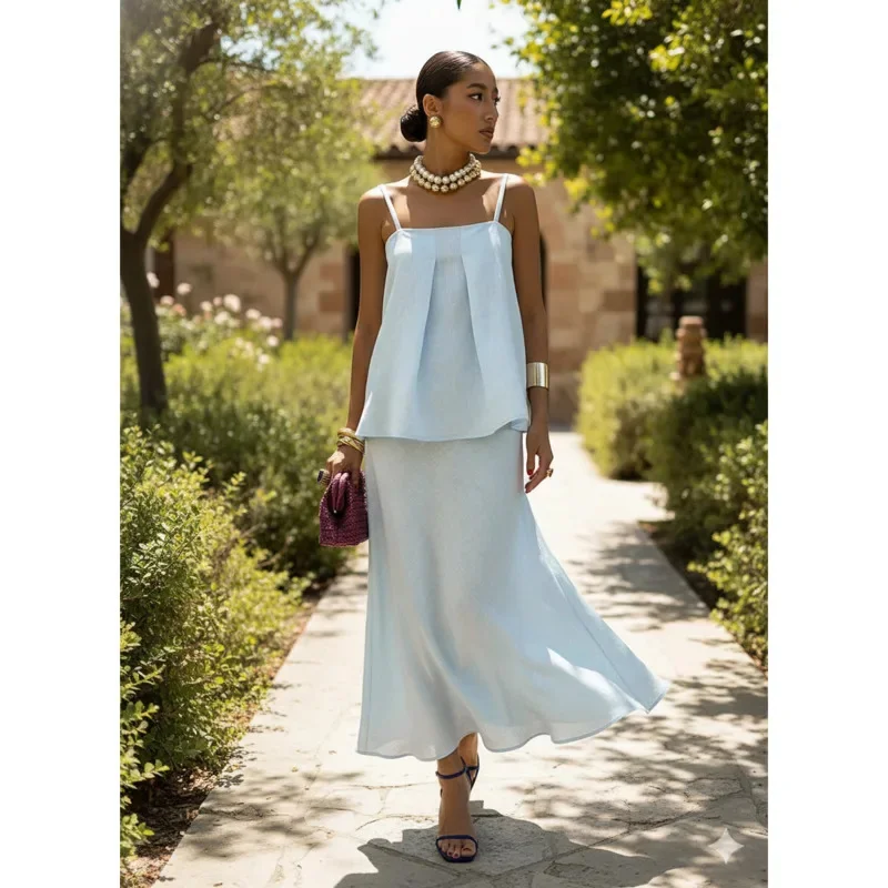 

Women's Summer 100% Cotton Matching Sets Spaghetti Strap Cami Top Mermaid Maxi Skirt Outfit For Beach Vacation Casual Daily Wear