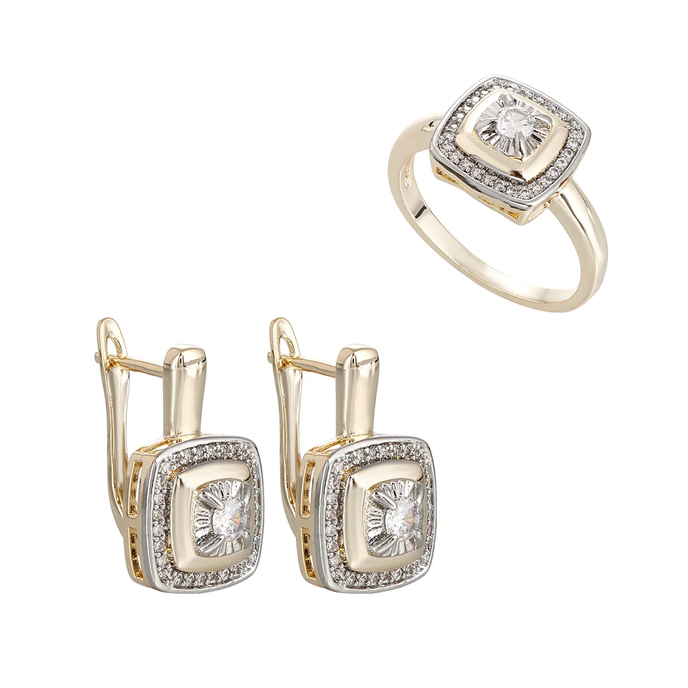 Doppellagiges, quadratisches Kissen-Set mit Zirkonia-Ohrringen und einem passenden Ring, ein luxuriöses Schmuckset für Verlobung, mit Diamanten. – Detail 9