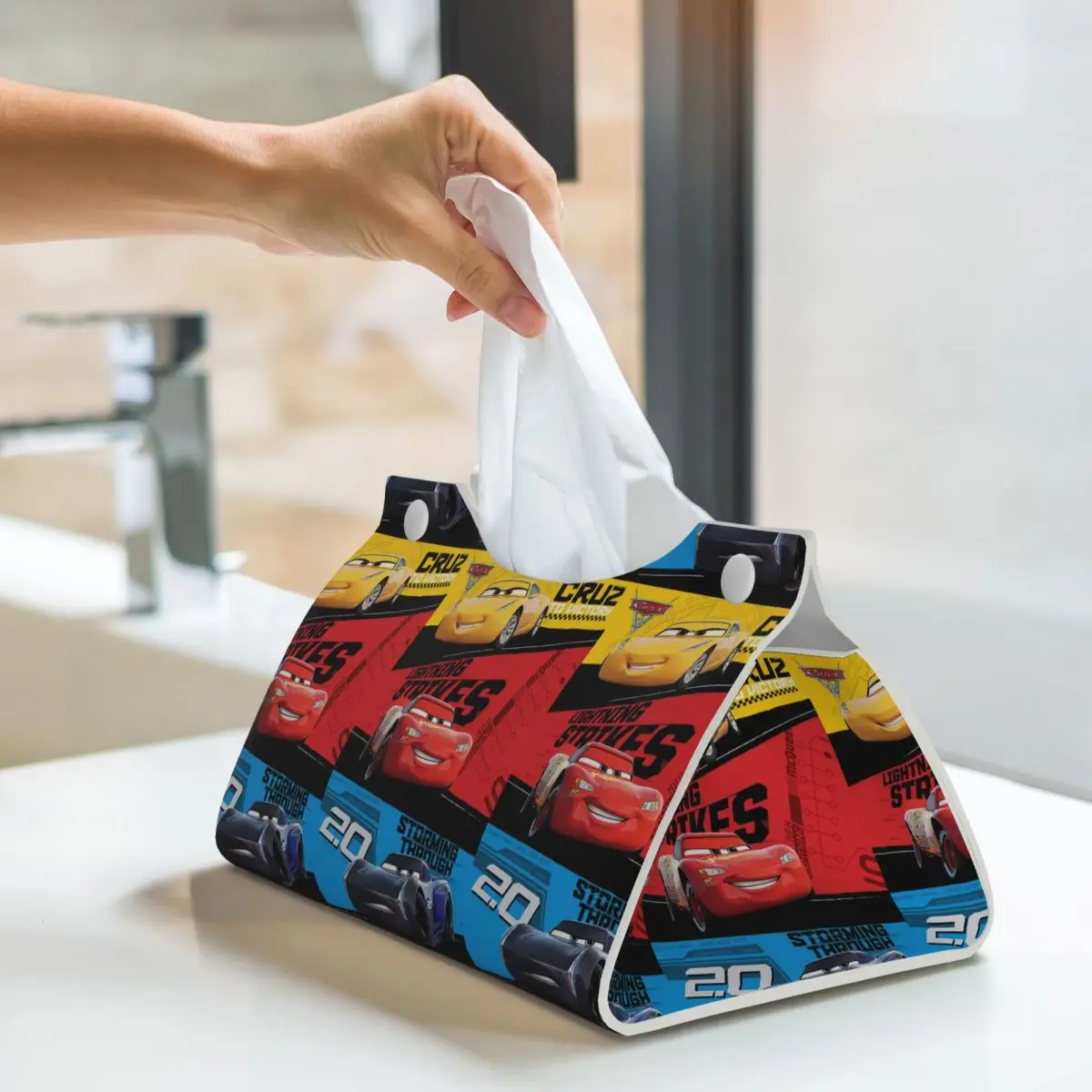 Custom Lightning McQueen Racing Car Tissue Box Holder Rectangular PU Leather Facial Tissue Box Cover for Car Office