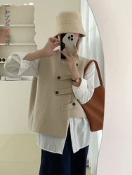 LANMREM Irregular Sweater Vest For Women Round Neck Sleeveless Solid Color Casual Coat Female 2024 Spring Winter 2R7612