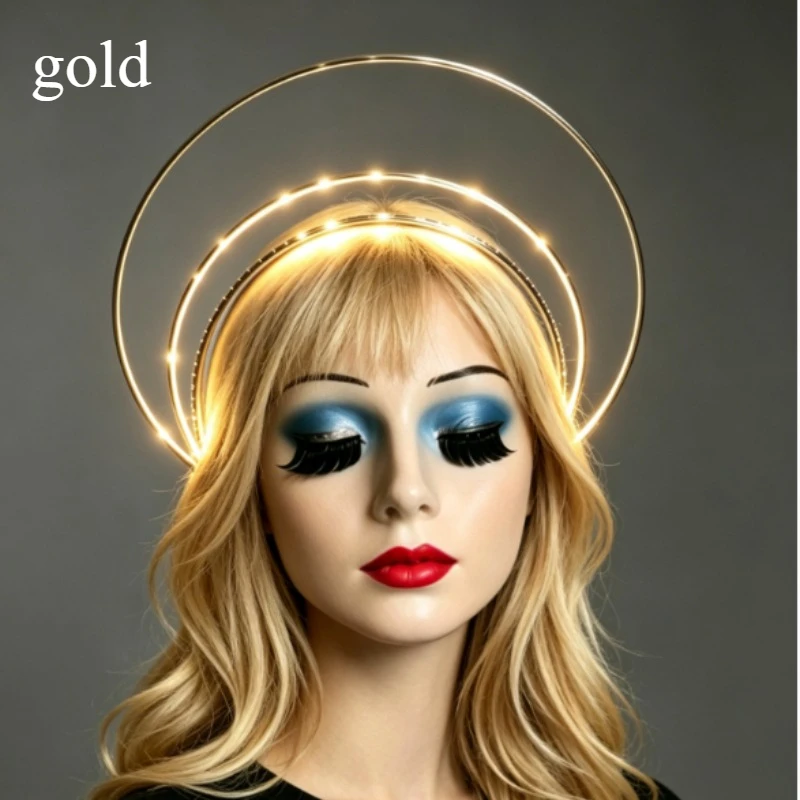Light Up Angel Halo Headband, Double Ring Gold Silver Metal, Warm White LED Glowing, Hair Accessory for Party Cosplay Photoshoot