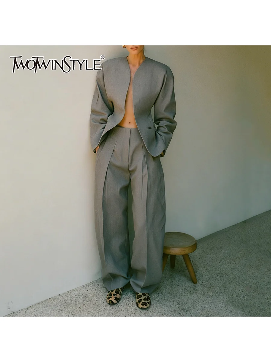 

TWOTWINSTYLE модные комплекты из двух предметов для женщин, туника с v-образным вырезом и длинными рукавами, блейзер с высокой талией, широкие брюки, темпераментный комплект, женский