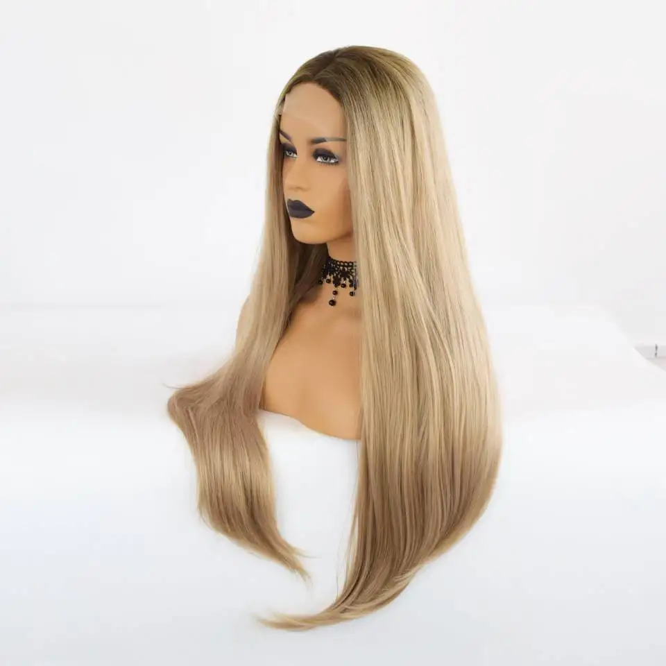 Leimlose weiche 180Density 26 Zoll Ombre Blonde seidig gerade lange Lace-Front-Perücke für Frauen mit Babyhaar vorgezupft täglich