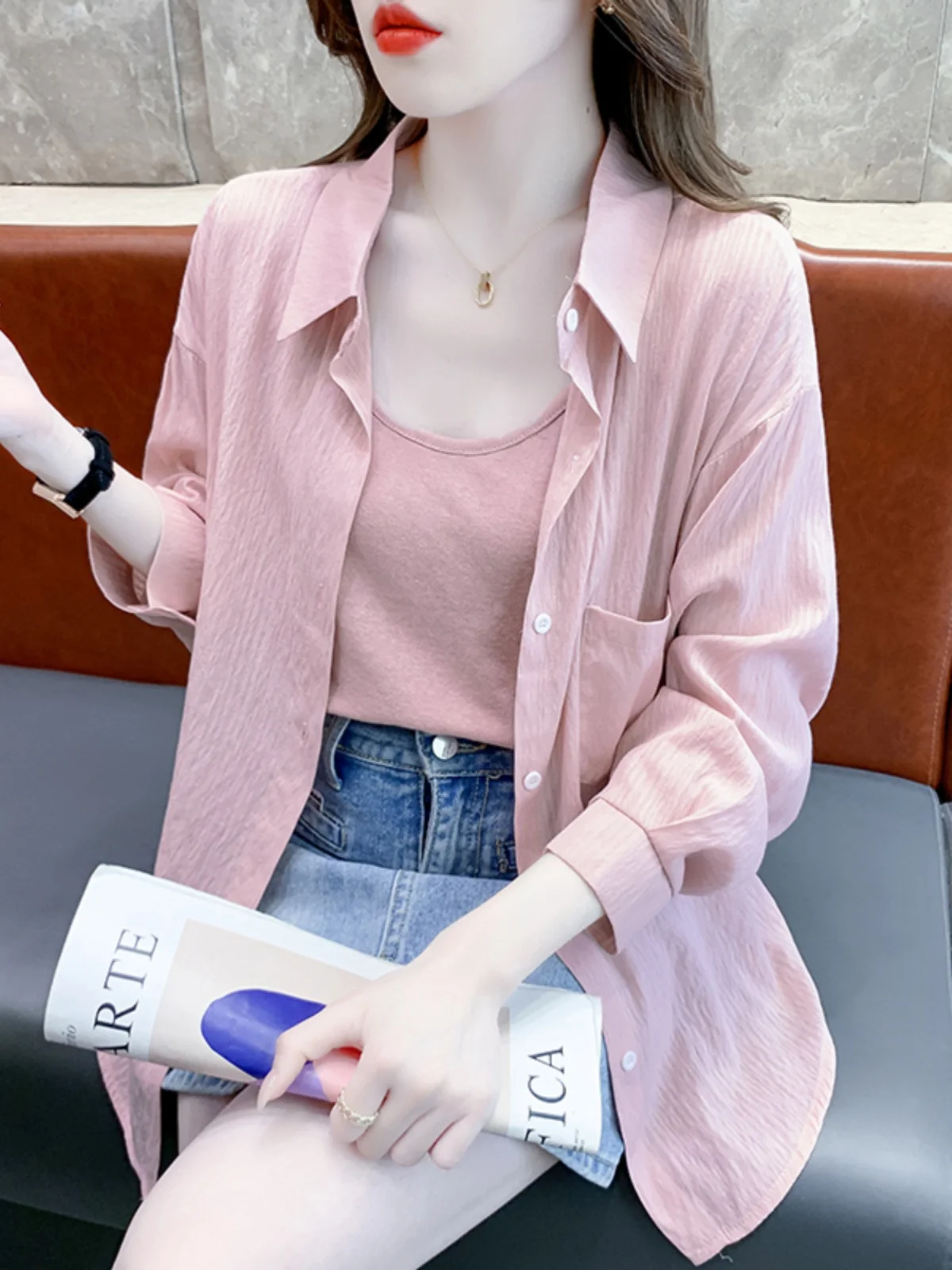 

Women's Summer Thin Cardigan Sun Protection irt Loose Faionable irt Top Set Two-Piece Straight Tube Long Sve Commute...