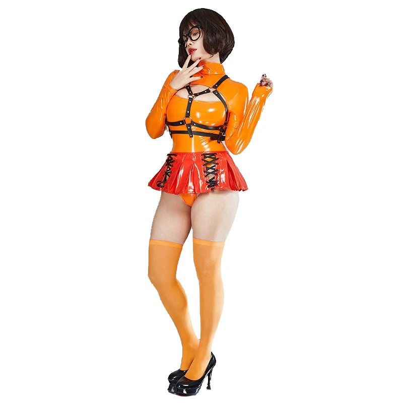 Anime Velma Seragam Cosplay Costume Women Sexy Leather Open Chest Bodysuit Skirt Socks Outfits Halloween Carnival Party Clothes