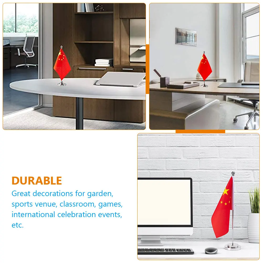 2Sets Miniature Chinese Table Flag Tabletop Ornament with Stable Metal Base Fade Resistant Vibrant Color Desktop Decoration