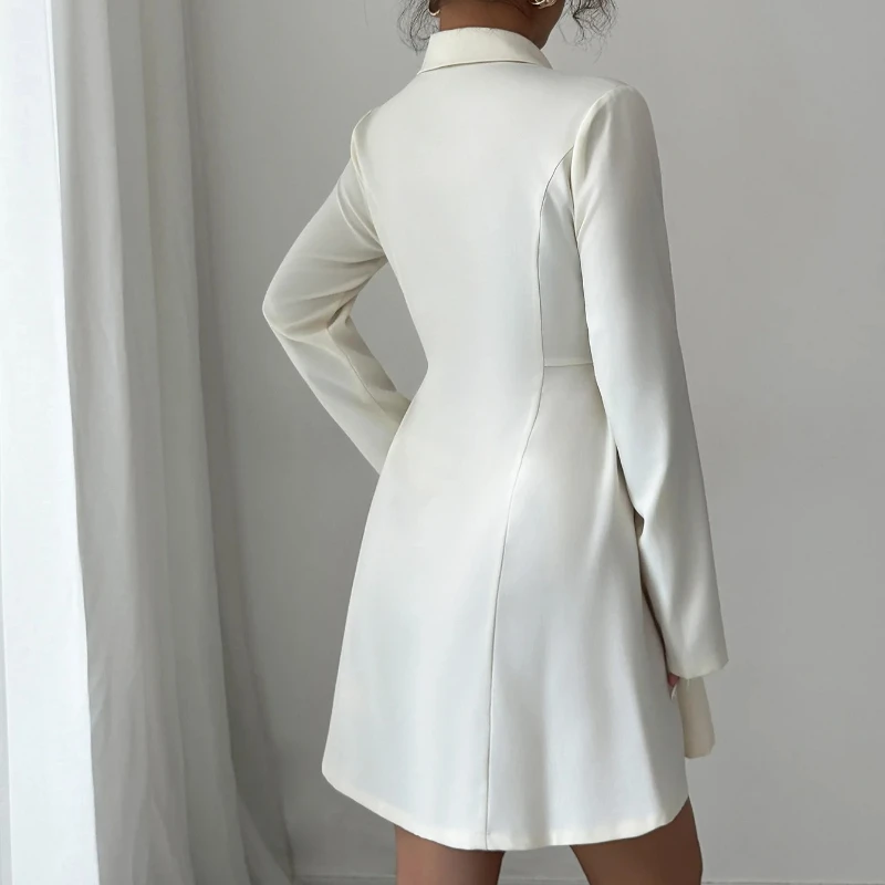 レディース 無地 ボタンアップ Aラインドレス 秋 長袖 ノッチカラー ワーク ミニドレス オフィス フォーマル カジュアルドレス