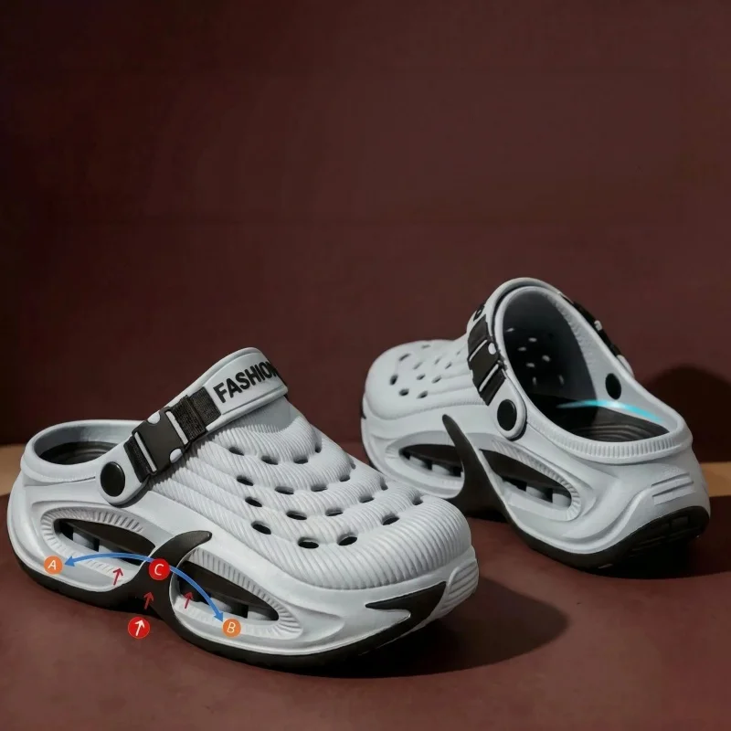 Men Summer Garden Clogs Wavy Texture Streamlined Cut Out Detail Color Block Sole Breathable Techwear Casual Sandals