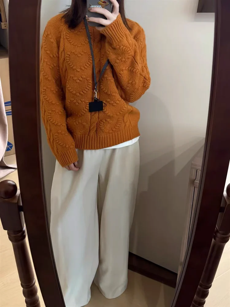 

Премиум-свитер оранжевого цвета крупной вязки с узором «твист» для женщин, новинка зимы 2025 года, вязаный топ из Донгдэмун, утолщенный, грязеотталкивающий, с длинными рукавами