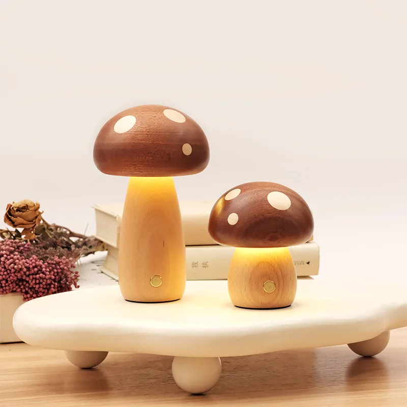 مصباح ليلي على شكل فطر خشبي صديق للبيئة غير مطلي يعمل باللمس يعتم بطارية 900 مللي أمبير في الساعة 3000 كيلو ضوء دافئ بجانب السرير ديكور محيط للأطفال