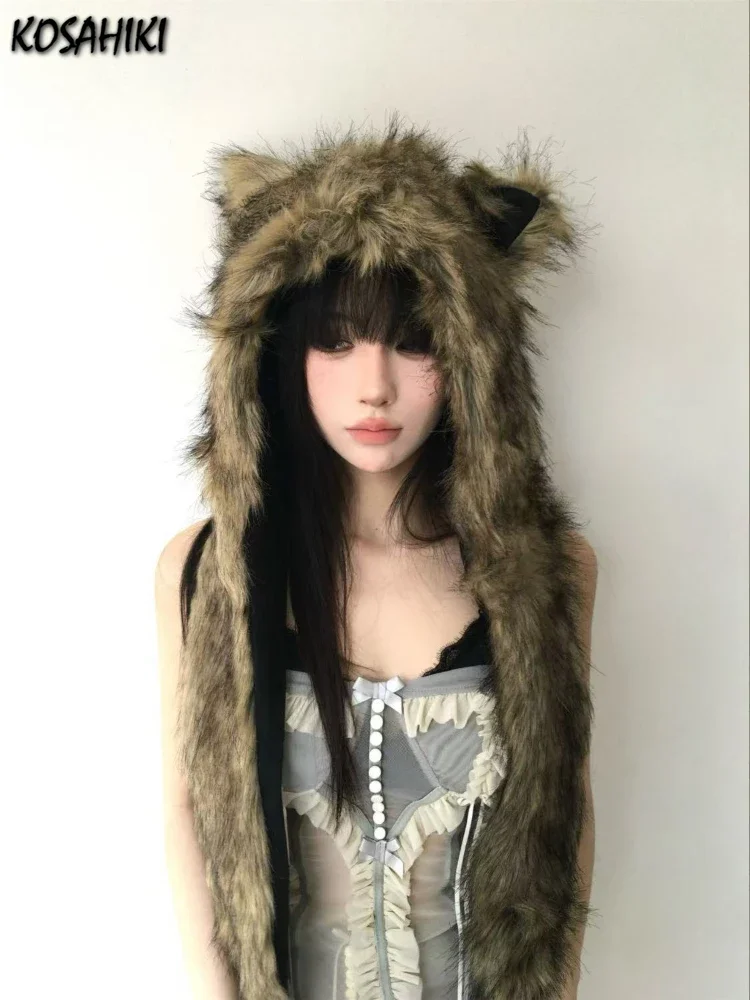 Japanese Kawaii Cute Fur Scarf Hat Winter Keep Warm Y2k Aesthetic Fashion Vintage Cap Bears Ears Women Hats Grunge Streetwear