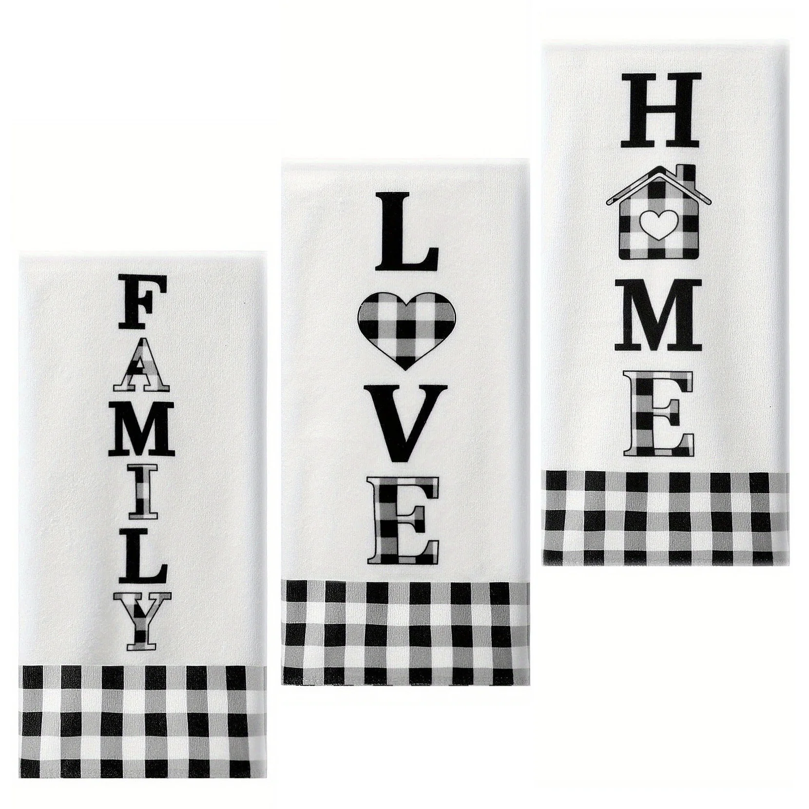 3 Pieces Buffalo Plaid Home Family Love, Black and White, Country Christmas Kitchen Towels Set, Fast Drying Farmhouse, Decorativ