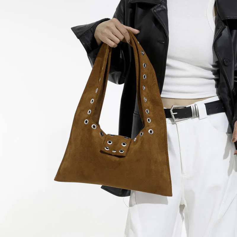 

2025 Autumn Vintage Suede Shoulder Bags Large Capacity Solid Rivet Tote Bags Ladies Travel Commuting Handbags
