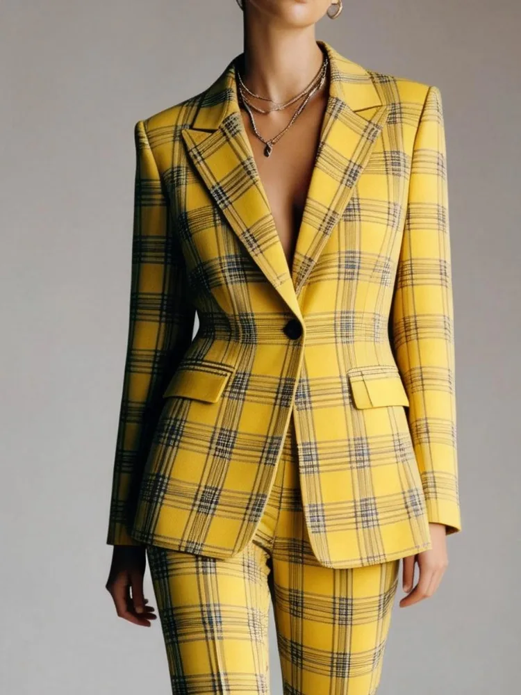 Yeezzi Office Lady Contrast Color Plaid Notched Collar Blazer 2026 New Long Sleeves Single Button Urban Casual Work Suit Jackets