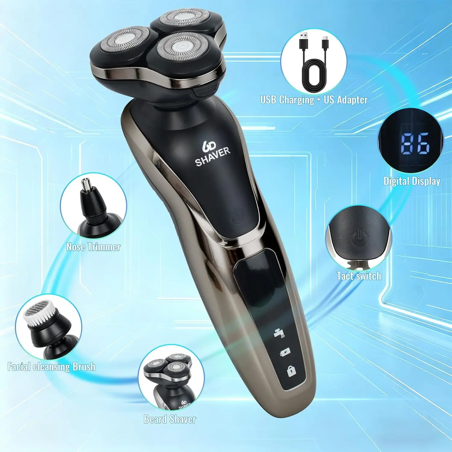 Men's 4-in-1 Electric Razor, 9999 RPM High-Speed Shaver with 6D Floating Head, 90-Minute Runtime, IPX6 Waterproof, LED Display, Wet/Dry Use, Nose Trimmer, Sideburns Trimmer, Face Trimmer