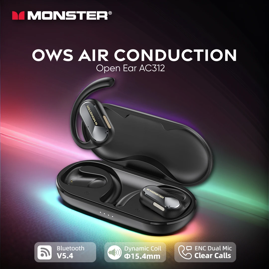 Monster OWS Wireless Bluetooth 5.4 Headphones Air Conduction Open Ear Sports Earphones 31H ENC Noise Cancelling IPX5 Ear Hooks