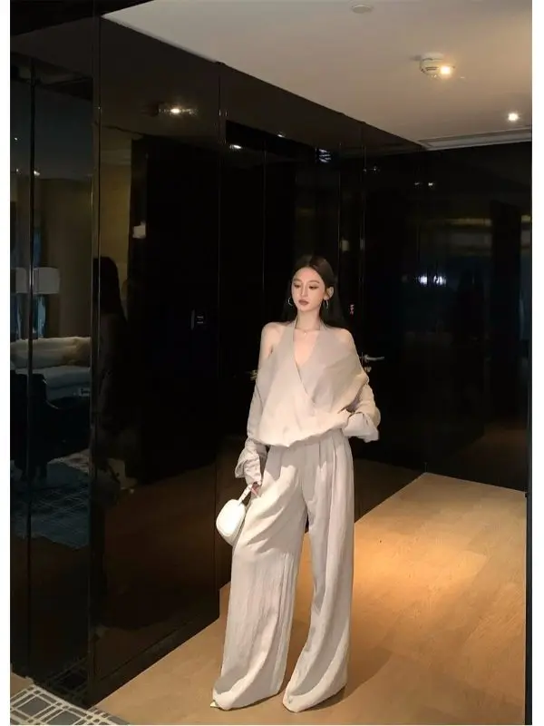 

Американский ретро-комплект: топ-боди и свободные прямые брюки в пол для женщин, новинка зимы