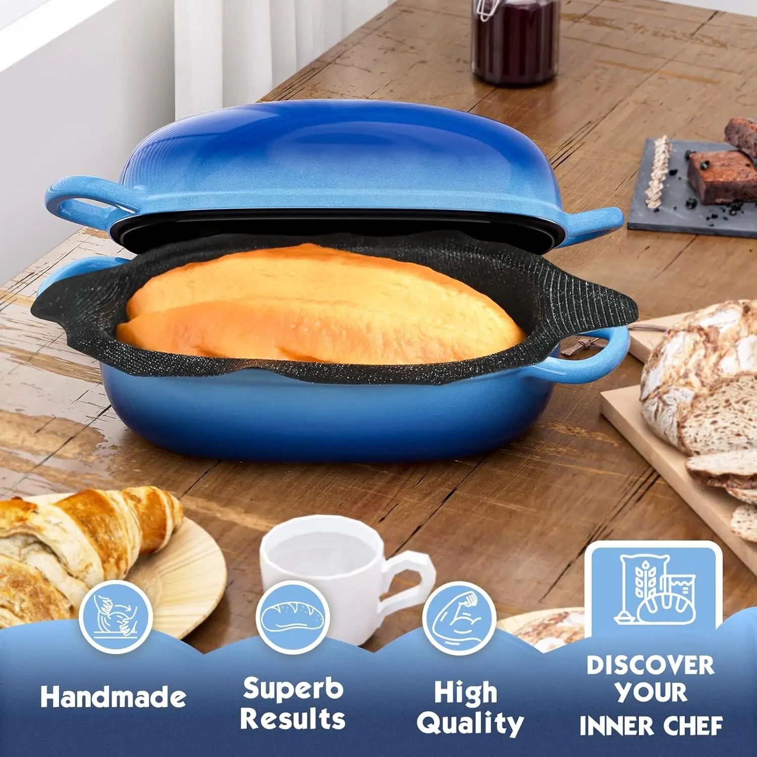 Dutch Oven for Bread Baking - 2.5QT Bread Pans for Homemade Bread with Perforated Non-Stick Silicone Liner Cast Iron Bread Pan D
