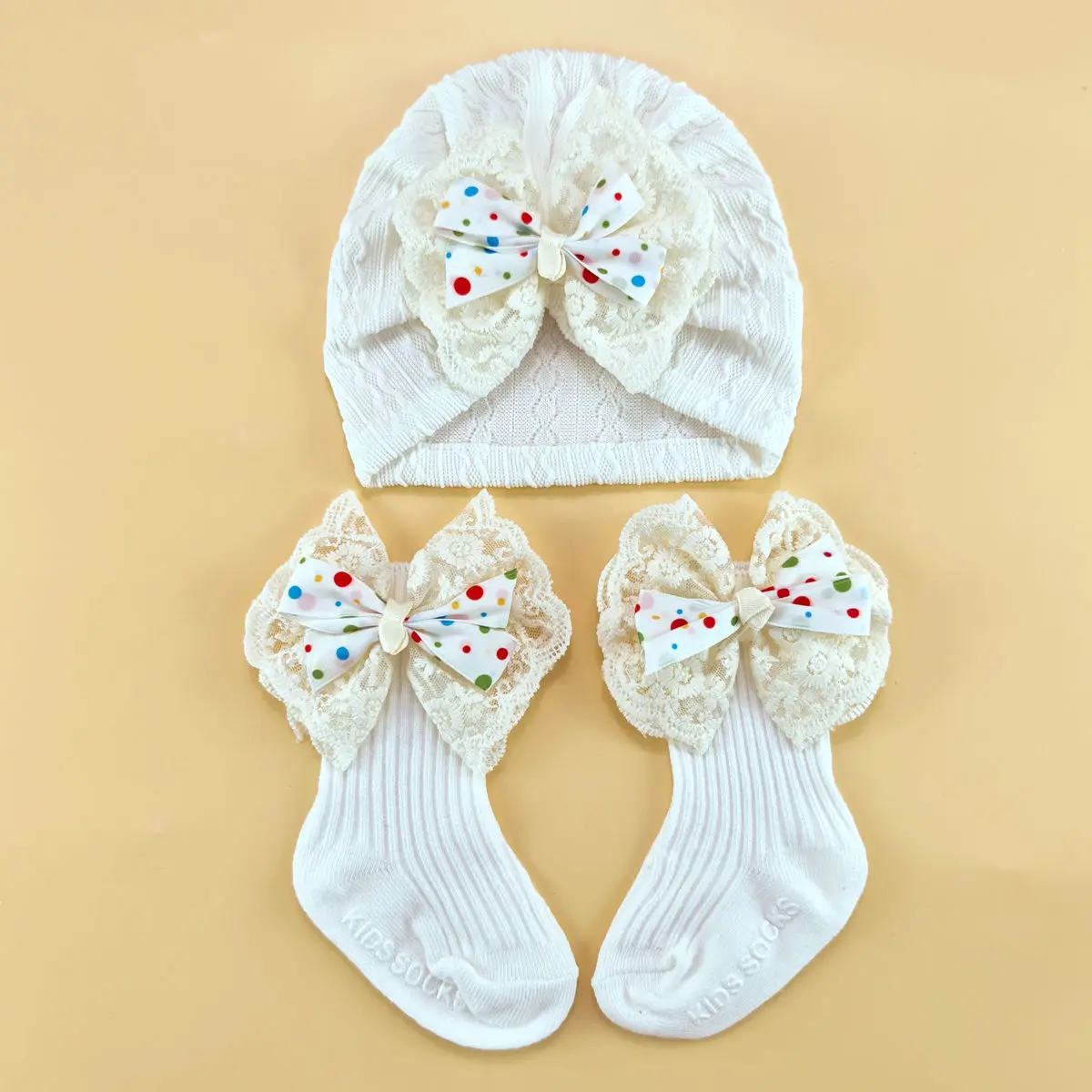 

Colorful Polka Dot Bow Tie Baby Hat Cute Knitted Sock Set Newborn Warm Beanie Lace Bowknot Headwraps Baby Little Girls Headwear