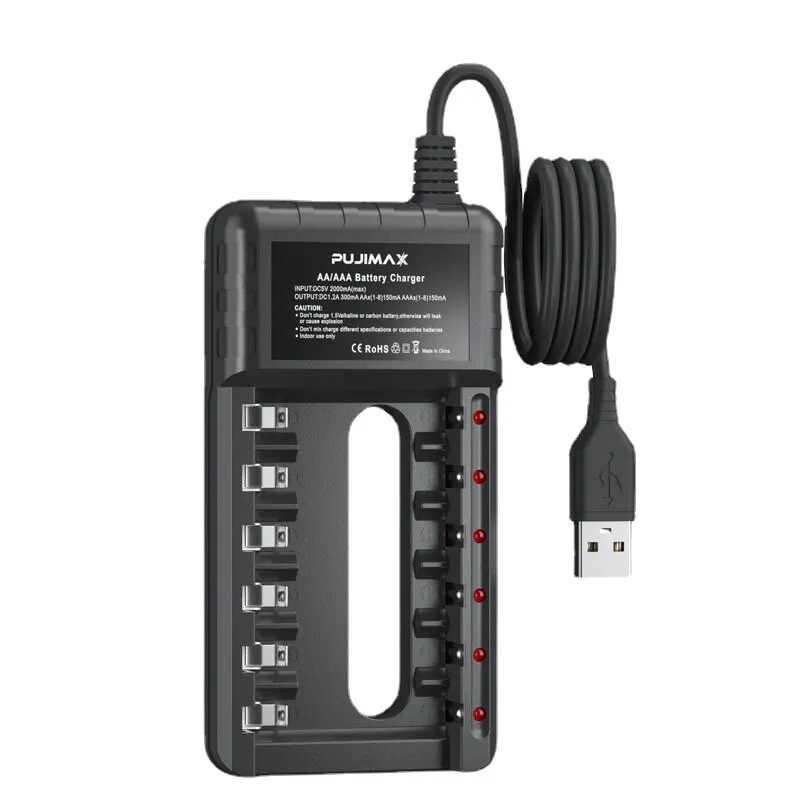 PUJIMAX 8 Slot USB Output Fast Charging Battery Charger Short Circuit Protection Suitable For AA/AAA/Nimh Rechargeable Batteries