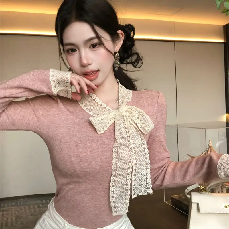 Blusa de tweed de manga larga con lazo para mujer, ajuste ceñido, elegante, estilo coreano chic, versátil, dulce, a la moda para salir, verano 2026